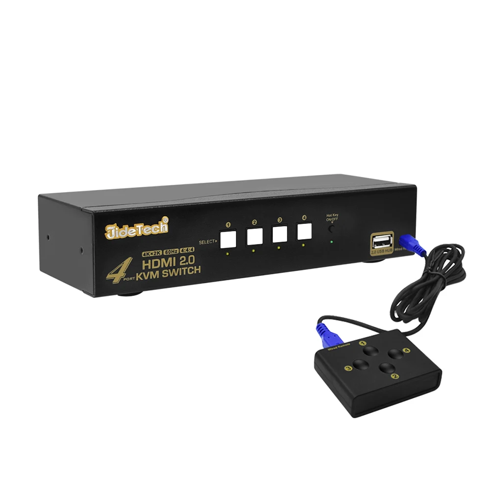 

JideTech KVM Switch 4 Port Support Ultra HD with USB 2.0 Hub and Cables Support Hotkey Mouse and Wire Remote