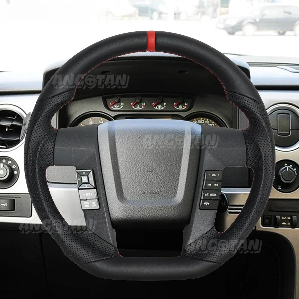 

Full Leather Steering Wheel D-Type Flat Bottom Perforated Leather Red Center Line Fit For Ford F150 2009-2014 Not Paddle Version
