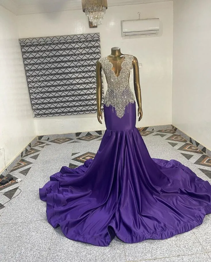 

Lavender Purple Black Girl Prom Dress for Women Silver Diamond Crystal Sheer Mesh Evening Birthday Reception Gown 2024