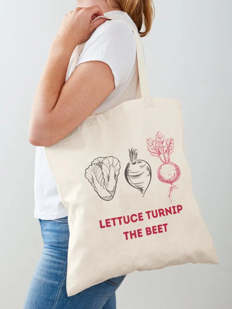 

Lettuce Turnip the Beet, Let Us Turn Up The Beat Food Pun White Tote Bag Women's beach bags Handbags women