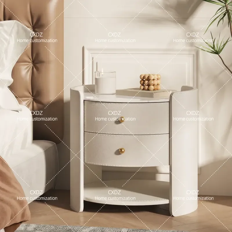 Round Bedside Table Saddle Leather Solid Wood Nightstand Small Side Cabinet Luxury Bedroom Furniture Floating Locker Storage