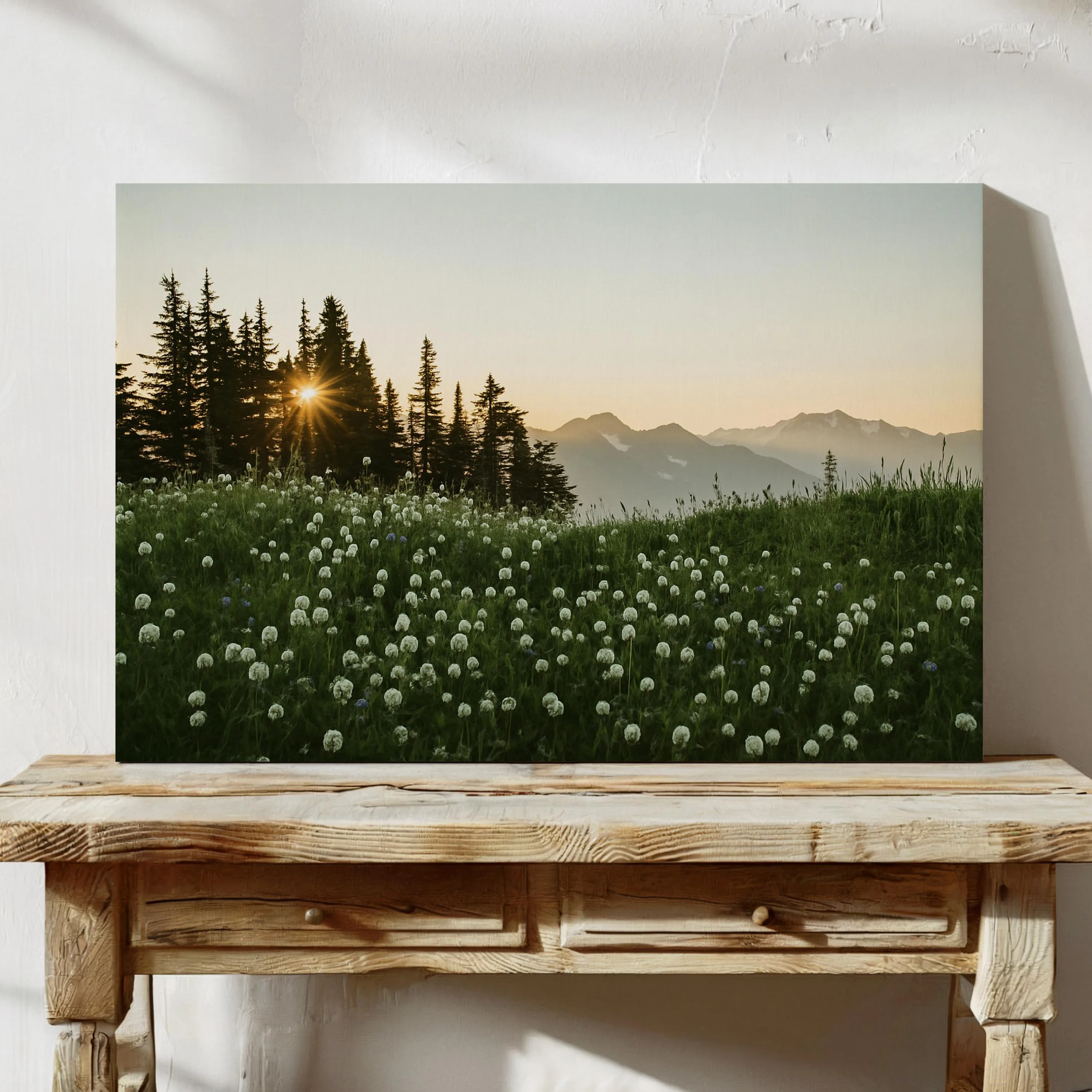 

Sunrise over wildflower field canvas print, serene mountain view wall painting, suitable for nature style, forest, room decor