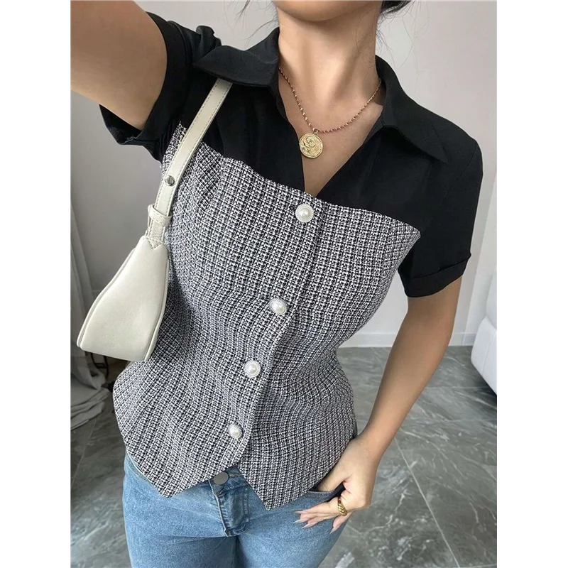 FX-Women's Pleated Button-Down Shirt V-Neck Short Sleeve Cropped Work Shirt