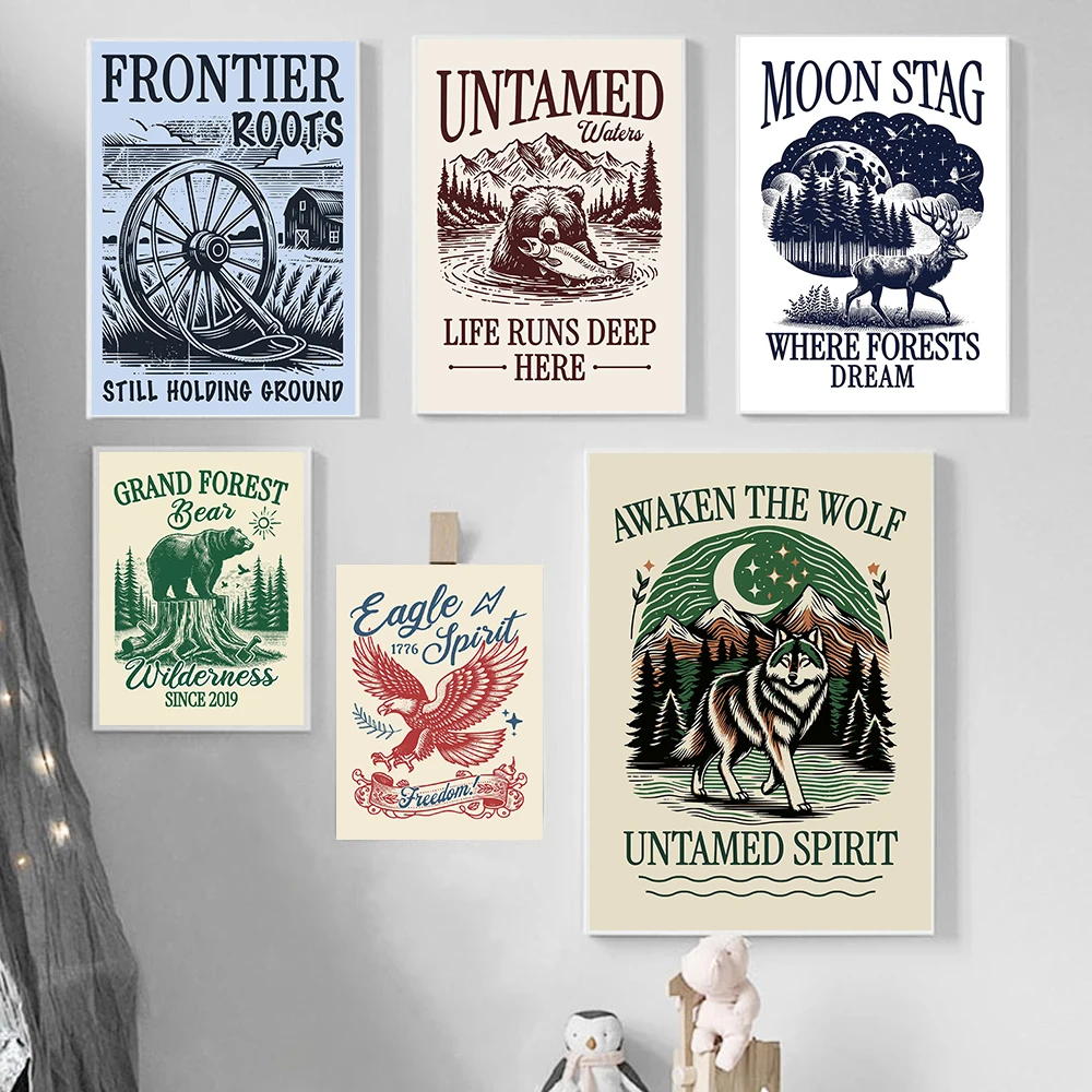 Vintage Grand Forest Wildlife Collection Poster Eagle Spirit Awaken the Wolf Prints Canvas Painting Wall Art Pictures Home Decor