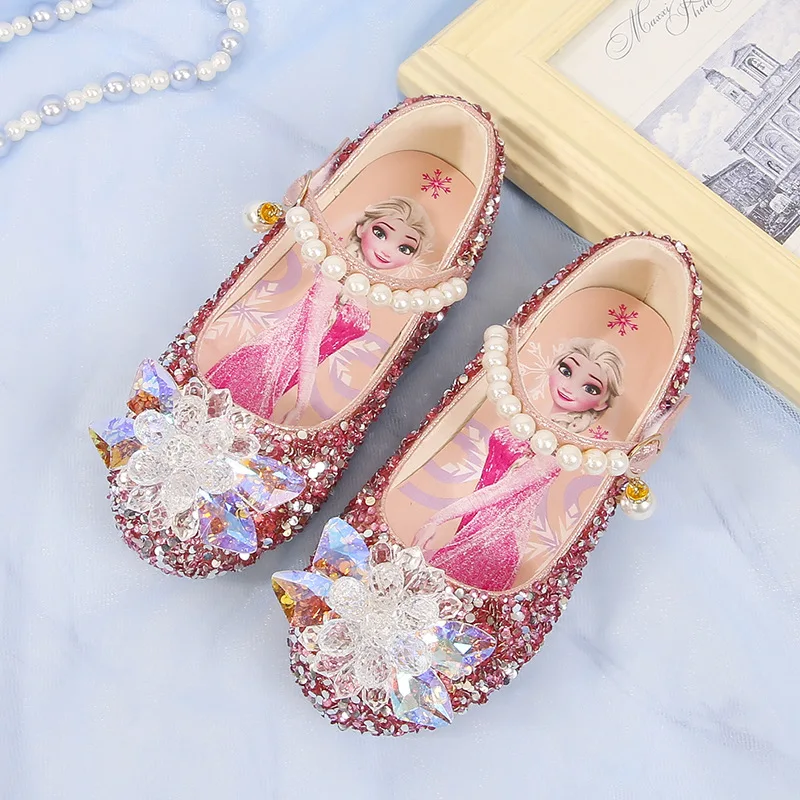 Disney Girl\'s Shoes Frozen Elsa Princess Soft Sole Shoes Summer Children\'s Crystal Pearly Shiny Girls Pink Blue Shoes