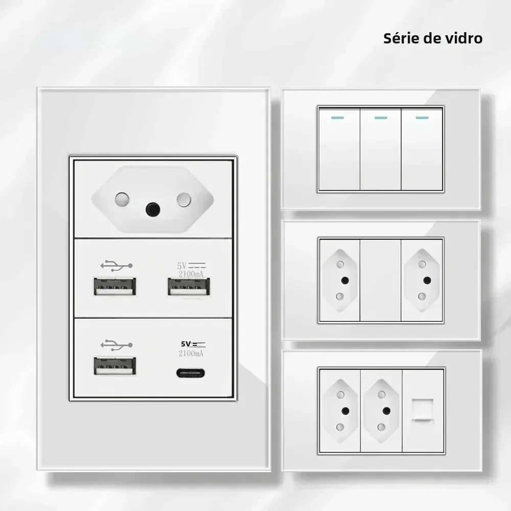 

4*2 white tempered glass Brazil standard outlet with double USB type C wall power socket smart switch Tuya WiFi 10A 20A