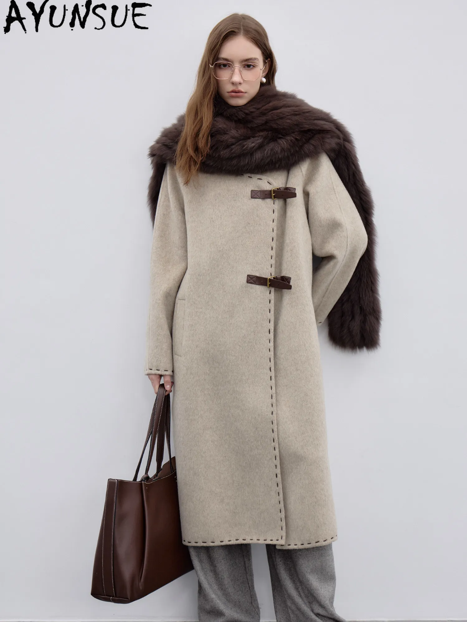 AYUNSUE 100% Wool Jacket Women Winter Coat Double Sided Wool Long Trench Coats for Woman Clothing Warm Big Fox Fur Scarf