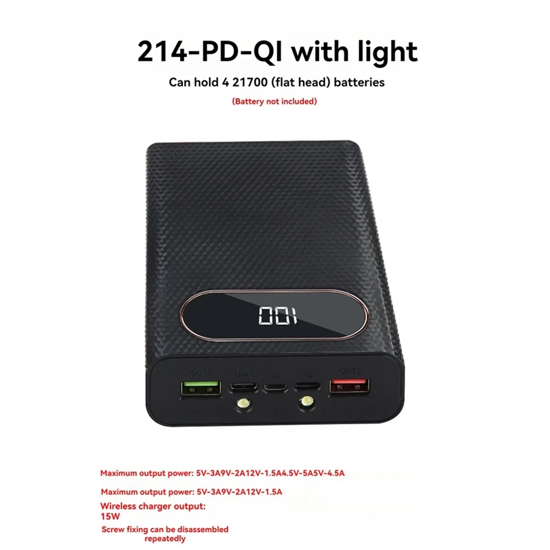 무선 DIY 쉘 21700 배터리 보관함, 빠른 충전, 분리형 보조배터리 케이스, 배터리 없음, 22.5W