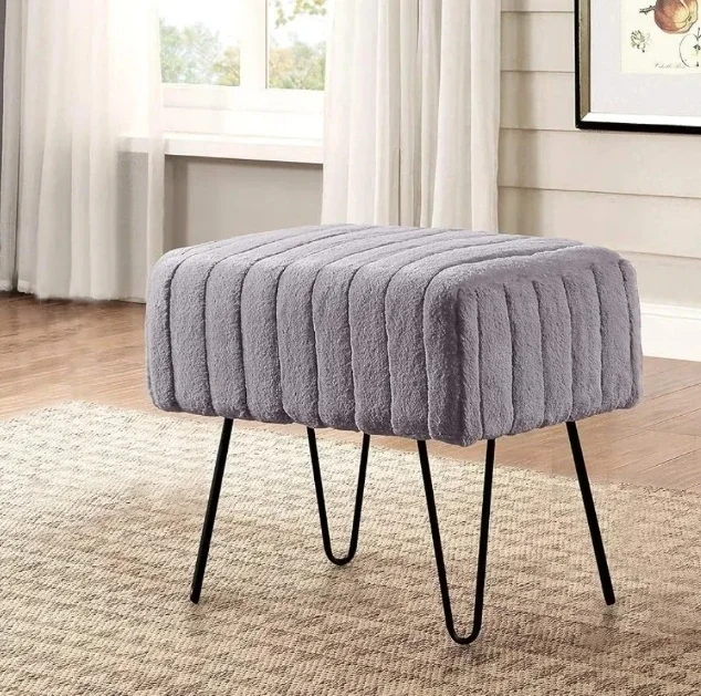 Faux Fur Gray Bench Living Room Foot Rest Stool Makeup Bench End of Bed Bedroom Home Decor Chair