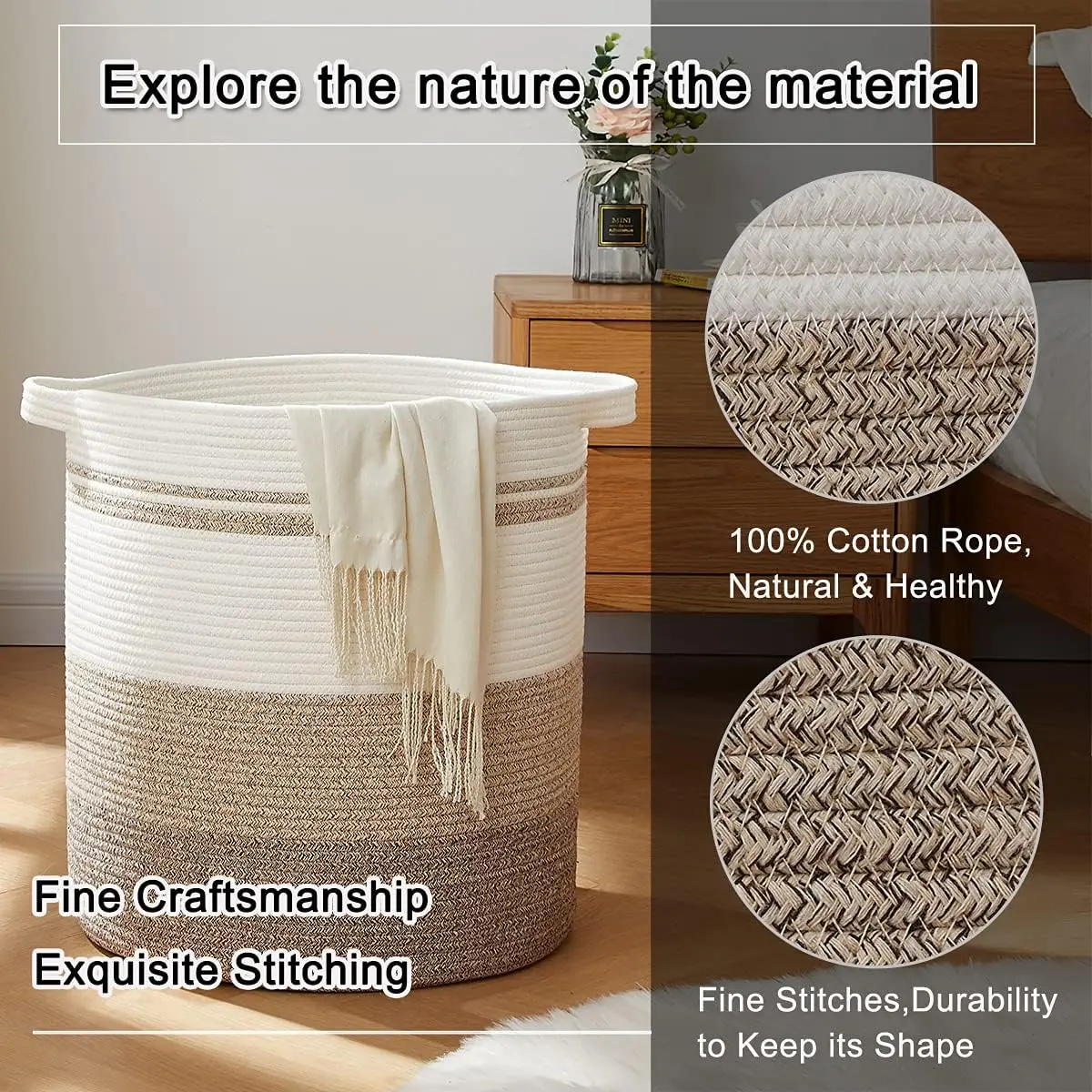 80L Laundry Baskets Hamper with Handles,Decorative Basket for Living room,Woven Storage Basket for Toys Bin,Pillows, Blankets