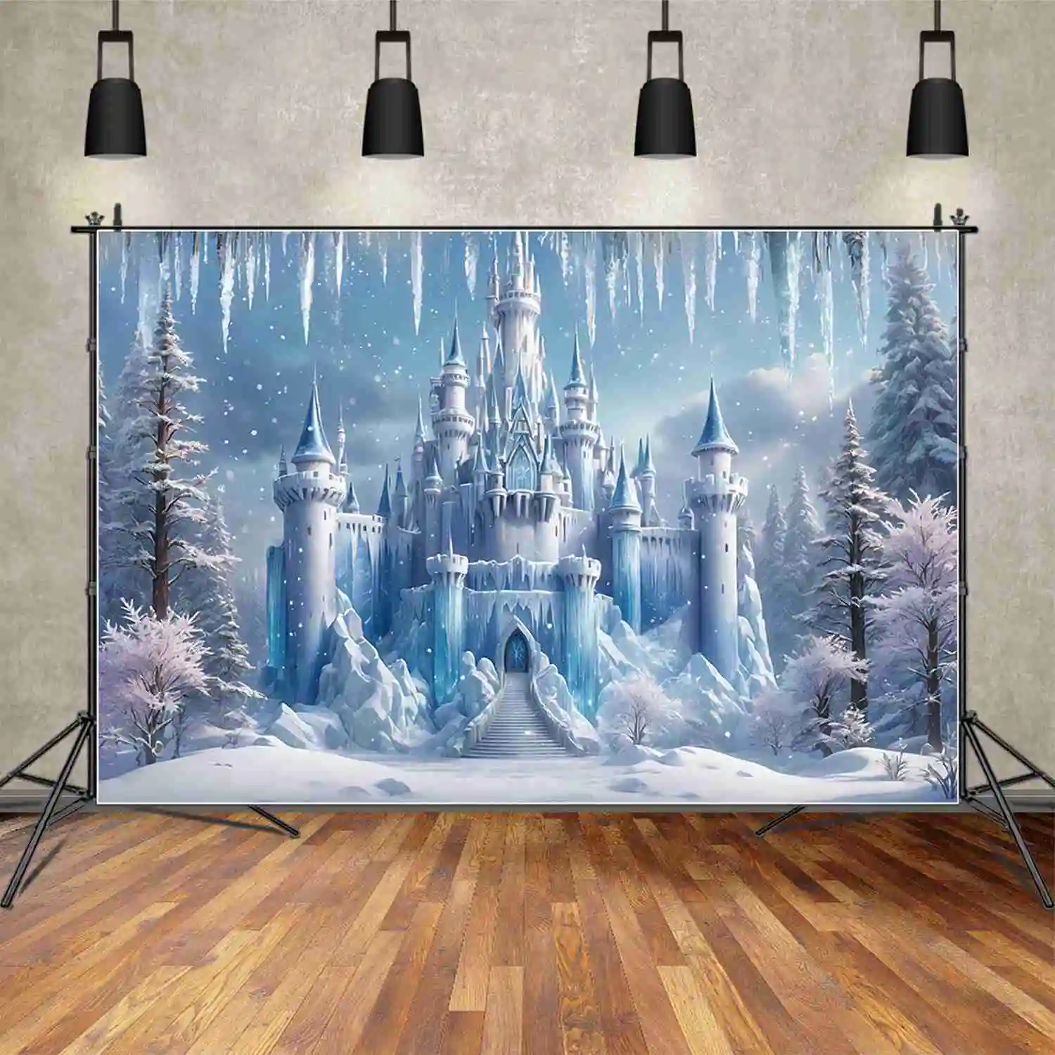 MOON.QG Frozen Birthday Photography Prop Backdrop Winter Princess Castle Photozone Background Blue Photobooth Shooting  Supplies