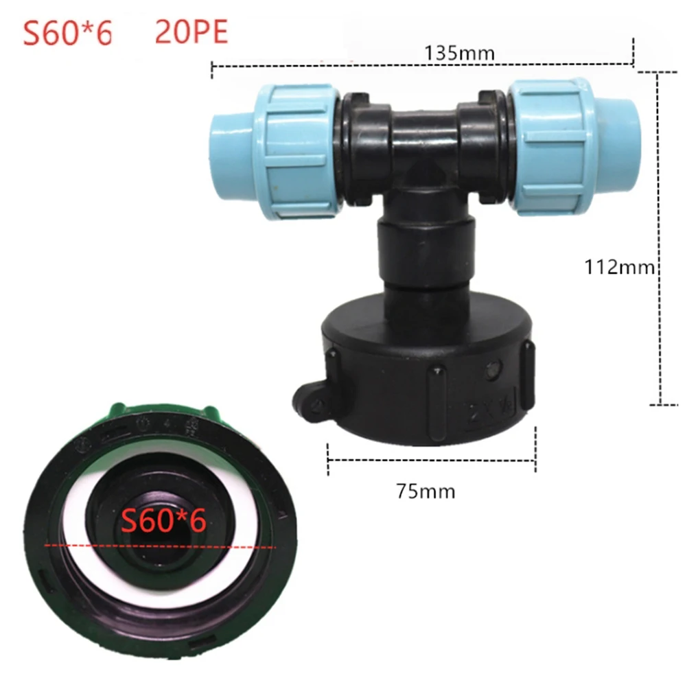 

S60X6 Garden Coarse Thread IBC Tank Adapter Connector For 20/25/32mm PE Fittings Three-way Outlet Straight-through Valve