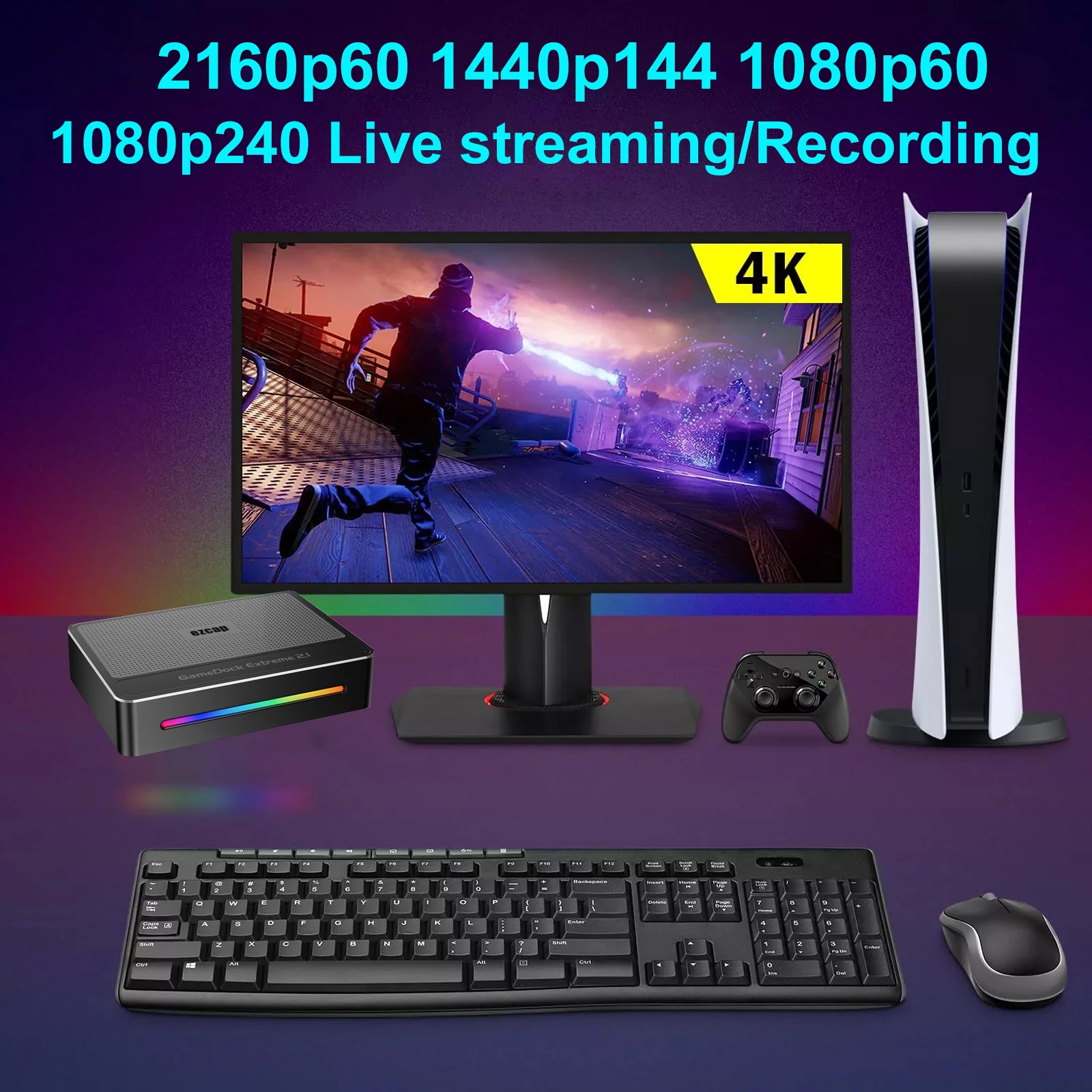 

Ezcap364 GameDock Extreme 2.1 4320p60, 2160p144, 2160p60, 1440p144, 1080p240 with Mic in & Out for Game Console Camera on OBS