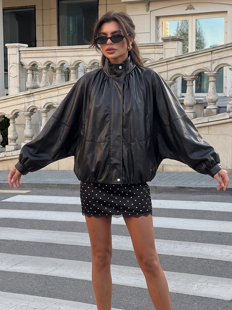 HH Vintage Women Faux Leather Bomber Jacket 2026 Autumn Oversized Batwing Sleeve Zip-Up Coat Female Loose  Parka Streetwear