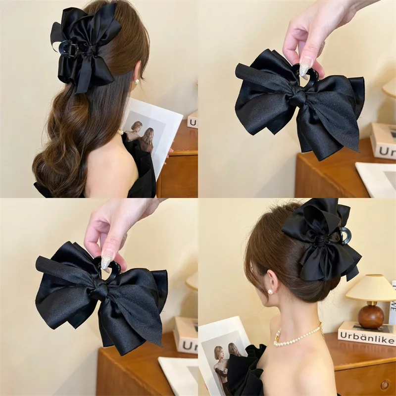 

oversize black satin bow clip premium hair clip Women's back of head shark clip hair claw for women