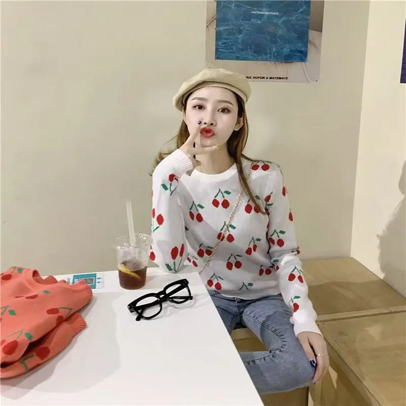 Women New Fashion O Neck Cherry Pullover Sweaters Knit Spring Autumn Loose Knitwear Long Sleeve Cherry Sweater Knitted Pullovers