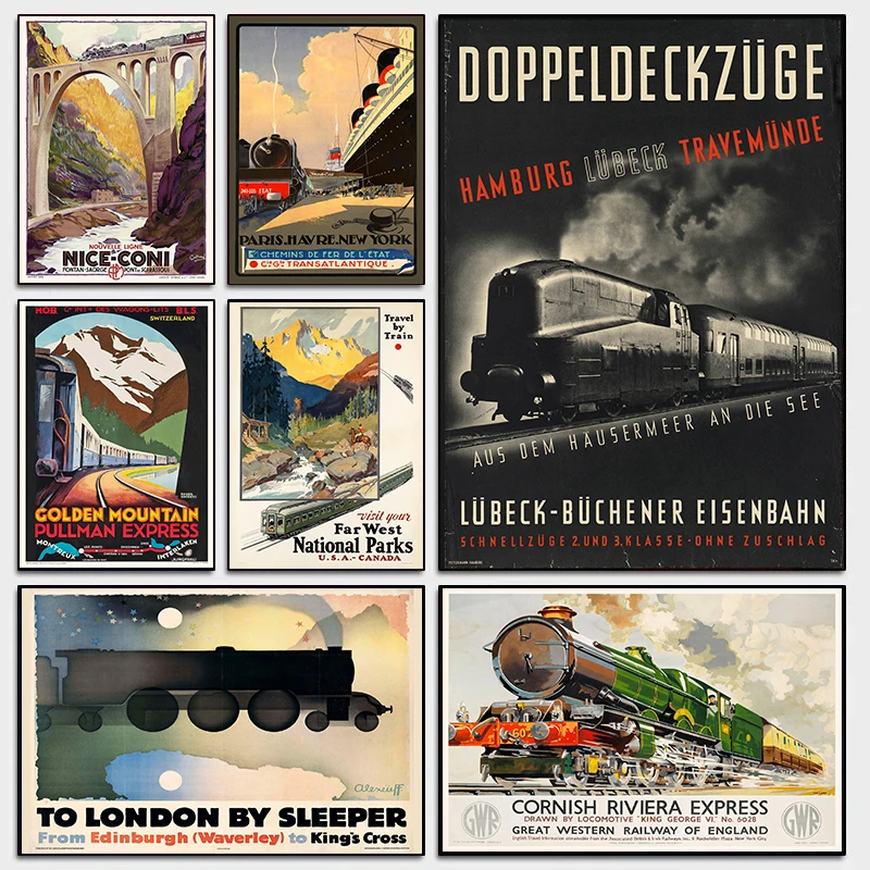 Retro Express Steam Train Nostalgic Famous Railway Illustration Canvas Poster Wall Art Pictures Home Room Club Decor