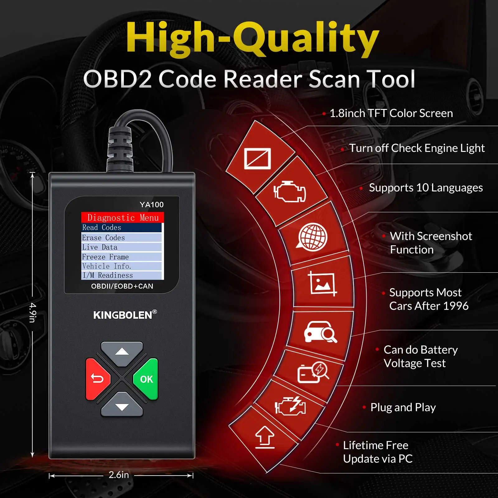 KINGBOLEN YA100 OBD2 Scanner Car Code Reader Automotive Diagnostic Tools Check Engine Lifetime Free Update