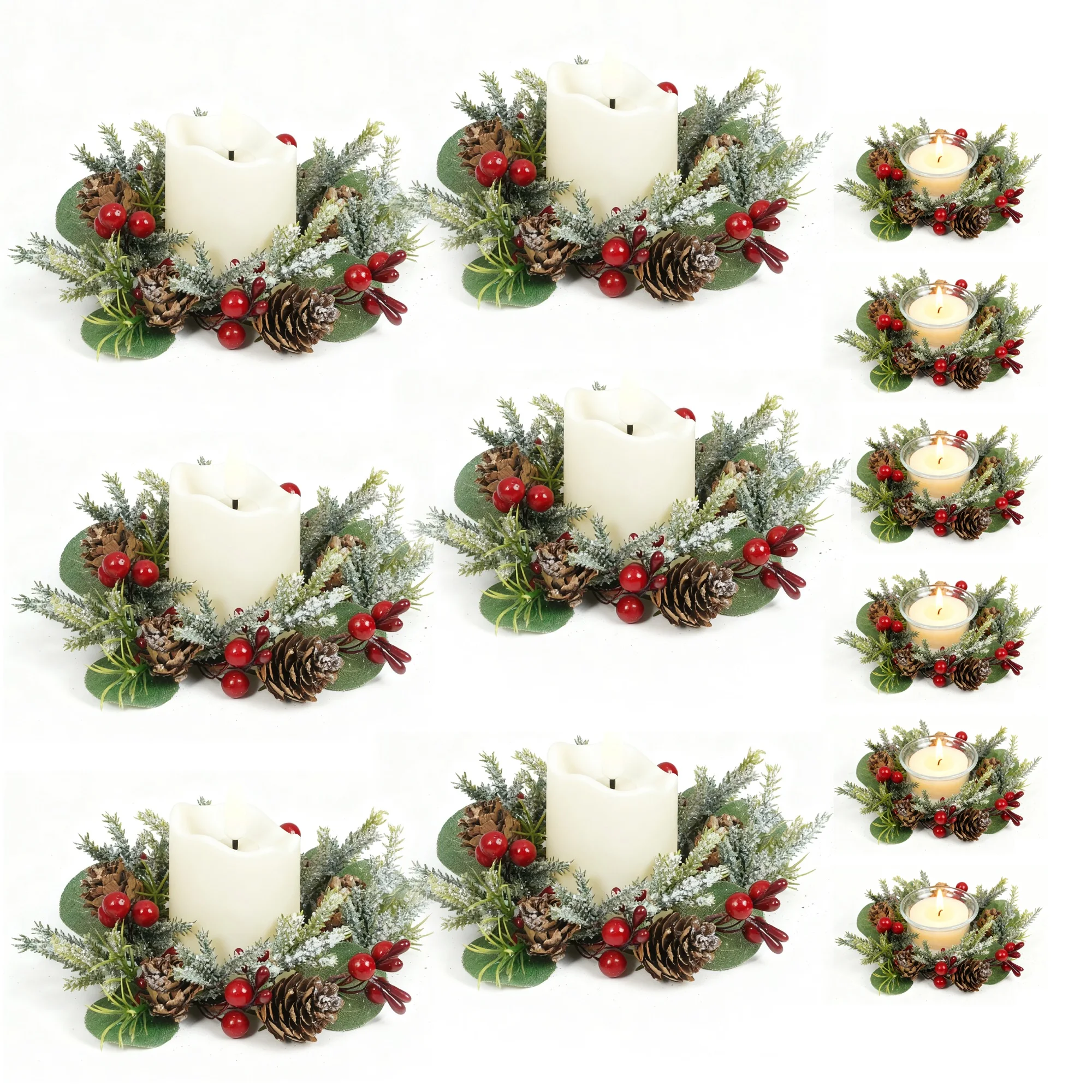 

Festive LED Candle Centerpiece Set 6 Christmas Wreaths with Glass Cups for Table, Mantel, and Window Sill Decoration