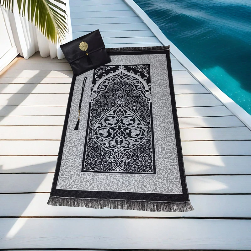 3PCS Prayer Rug Portable Braided Mats Simply Printed Muslim Prayer Beads Travel Home New Style Mat Set Blanket In Pouch Gift