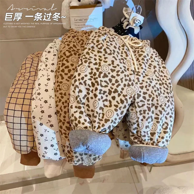 Girl's Thick One to Get through Winter Thick Smiling Face Leopard Print Warm Western Style Close up Casual Cotton Pants2024Winte