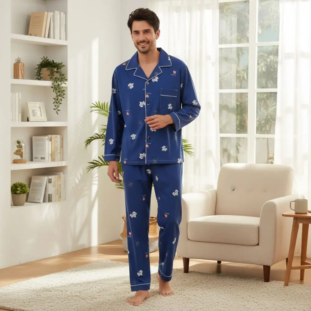 Simple Long Sleeve Men's Sleepwear Long Pants Button-Down Couple Pajama Suit Soft Breathable Home Clothes