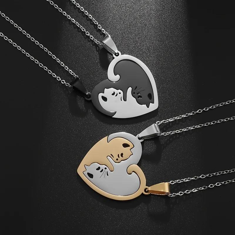 Gold and Silver Cat Pendant Necklaces - Stainless Steel 2 Pieces/Set Black and White, Round or Heart Shape Matching Necklaces