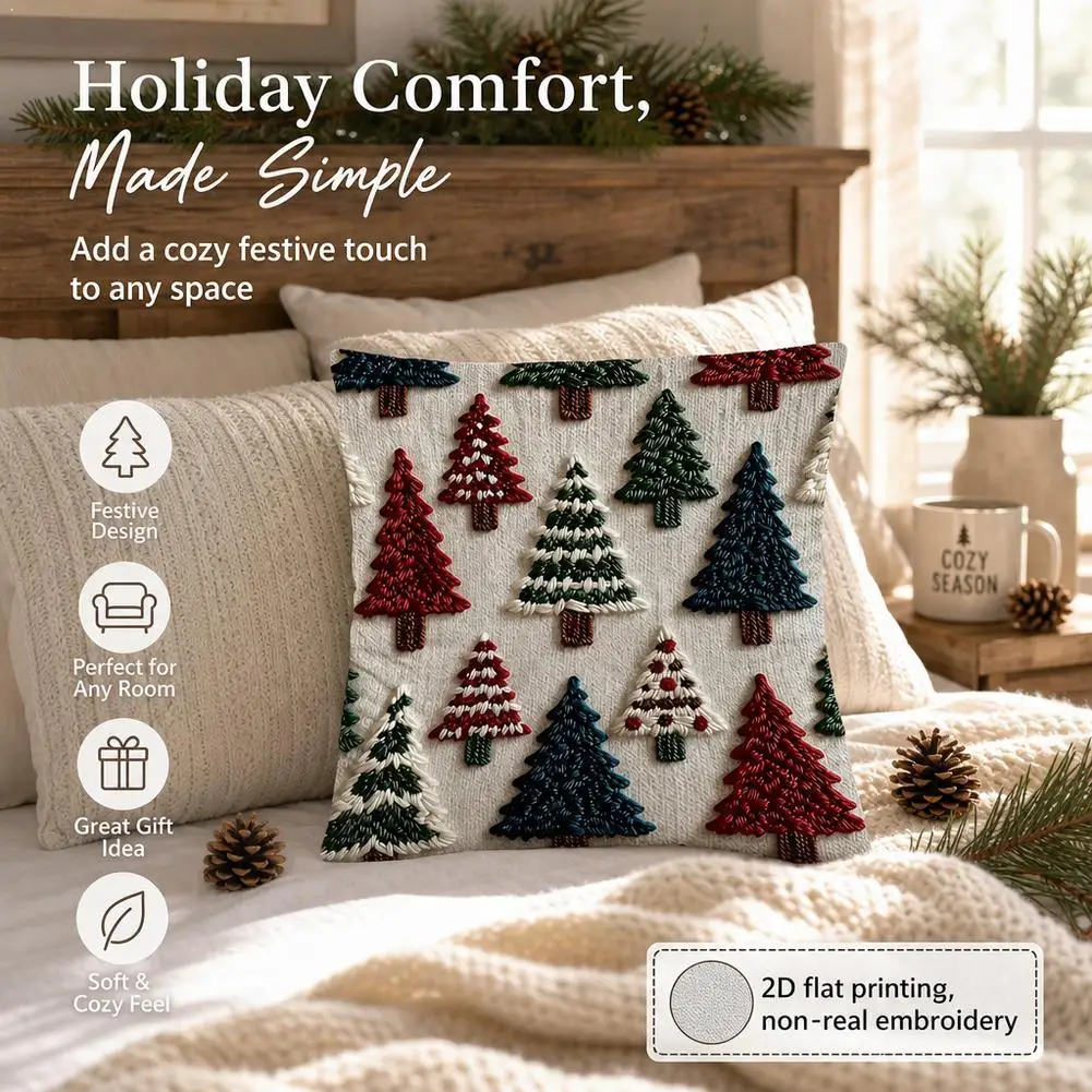 1PC 2D Flat Print Pillow Cover Christmas Tree Embroidery Style Holiday Decorative Throw Pillow Sofa Couch Home Decor Gift