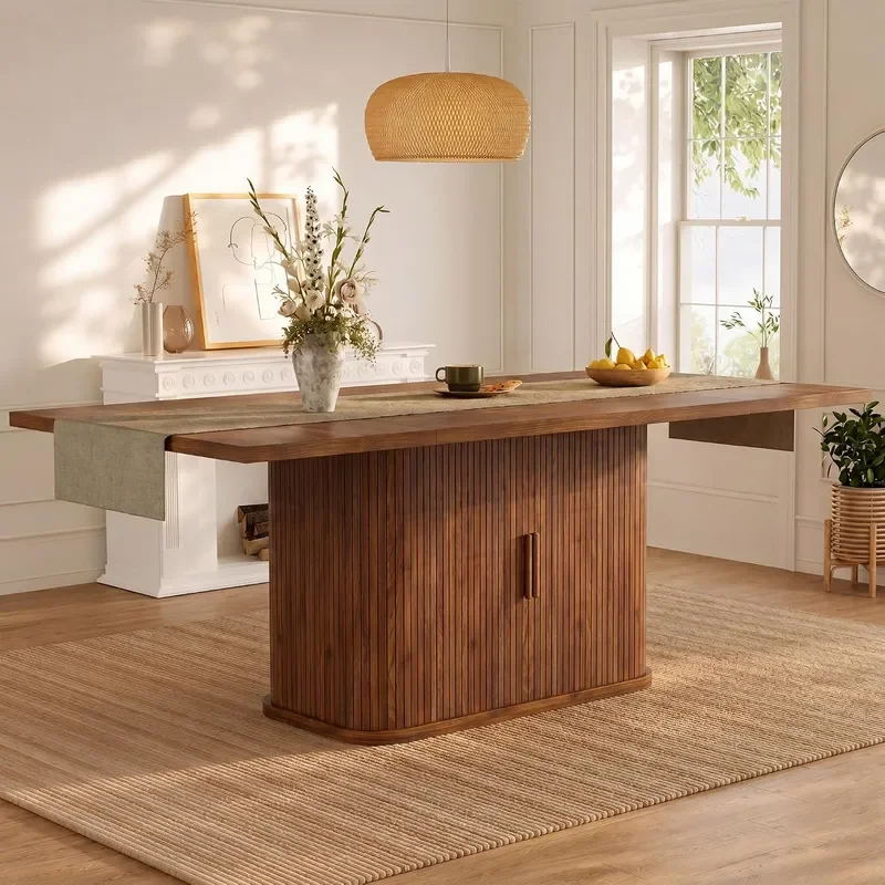 78.7 Rectangular Dining Table for 6-10 Farmhouse Kitchen Furniture with Storage Base Sliding Tambour Doors Walnut