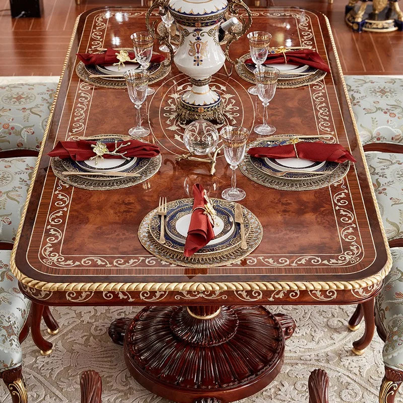 Royal Classic Luxury Round Solid Wood Marble Top Dining Table and Chair Set for Home Furniture in Apartment/Villa view 5