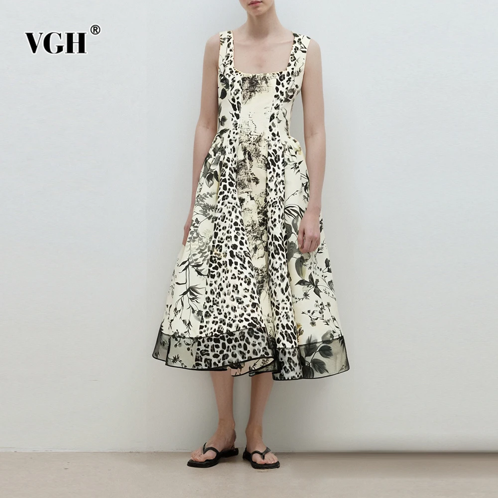 

VGH Temperament Printing Slimming Dinner Dresses For Women Square Collar Sleeveless High Waist Cute Dress Female Fashion Style