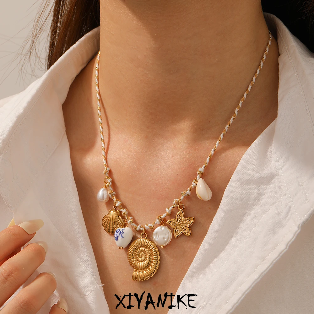 

XIYANIKE 316L Stainless Steel Novel Trend Flower Shell Conch Pearl Pendant Necklace Women Leisure Vacation Neck Chain Jewelry