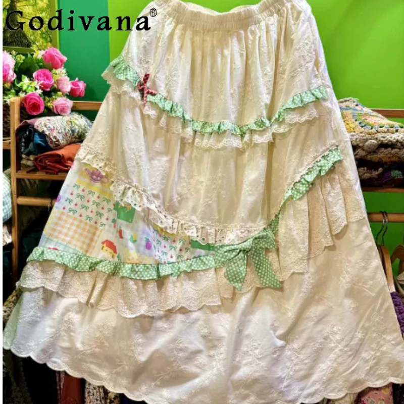 

Вышитая кружевная длинная юбка для отпуска в стиле феи, весна 2026, модная, универсальная, омолаживающая, с эластичной талией, свободного кроя, абрикосового цвета