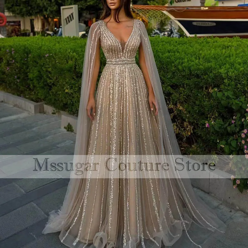 2022 Shinning Sequins Prom Dresses V-neck A-line Plus Size Evening Dress Custom Made платье вечернее