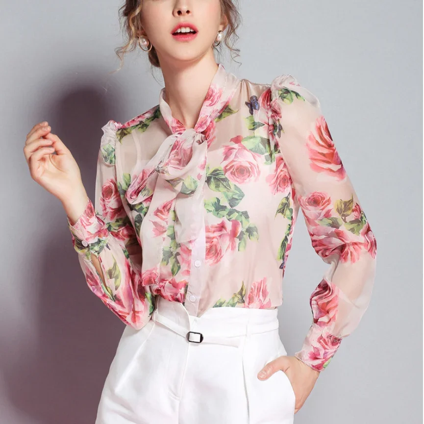 Luxury Office Ladies New Blouses Silk Full Sleeve Fashion Bow Rose Print High Quality With Lined Soft Autumn Top