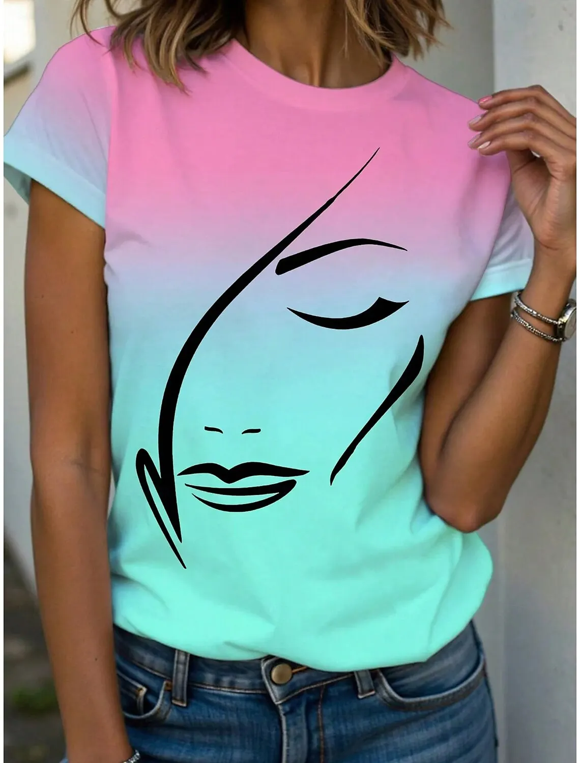 Summer Fashion Women's Y2K T Shirt Graphic Abstract Stylish Classic Short Sleeve Crew Neck Tees Round Neck Regular Tops