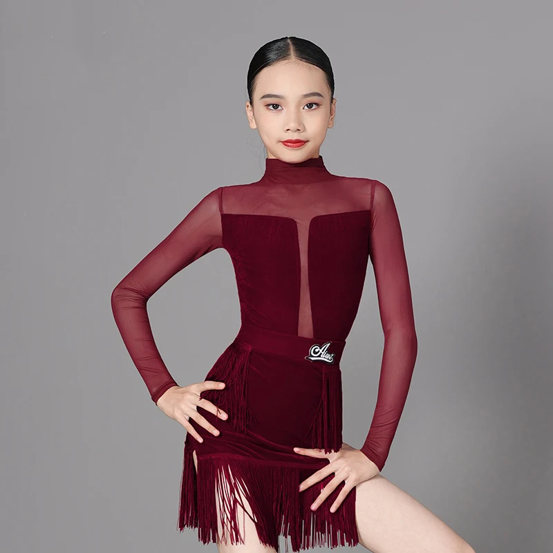 

2024 Kids Latin Dance Clothes Girls Burgundy Fringe Dress Long Sleeves Tops Tassel Skirt Cha Cha Rumba Competition Dress BL13872