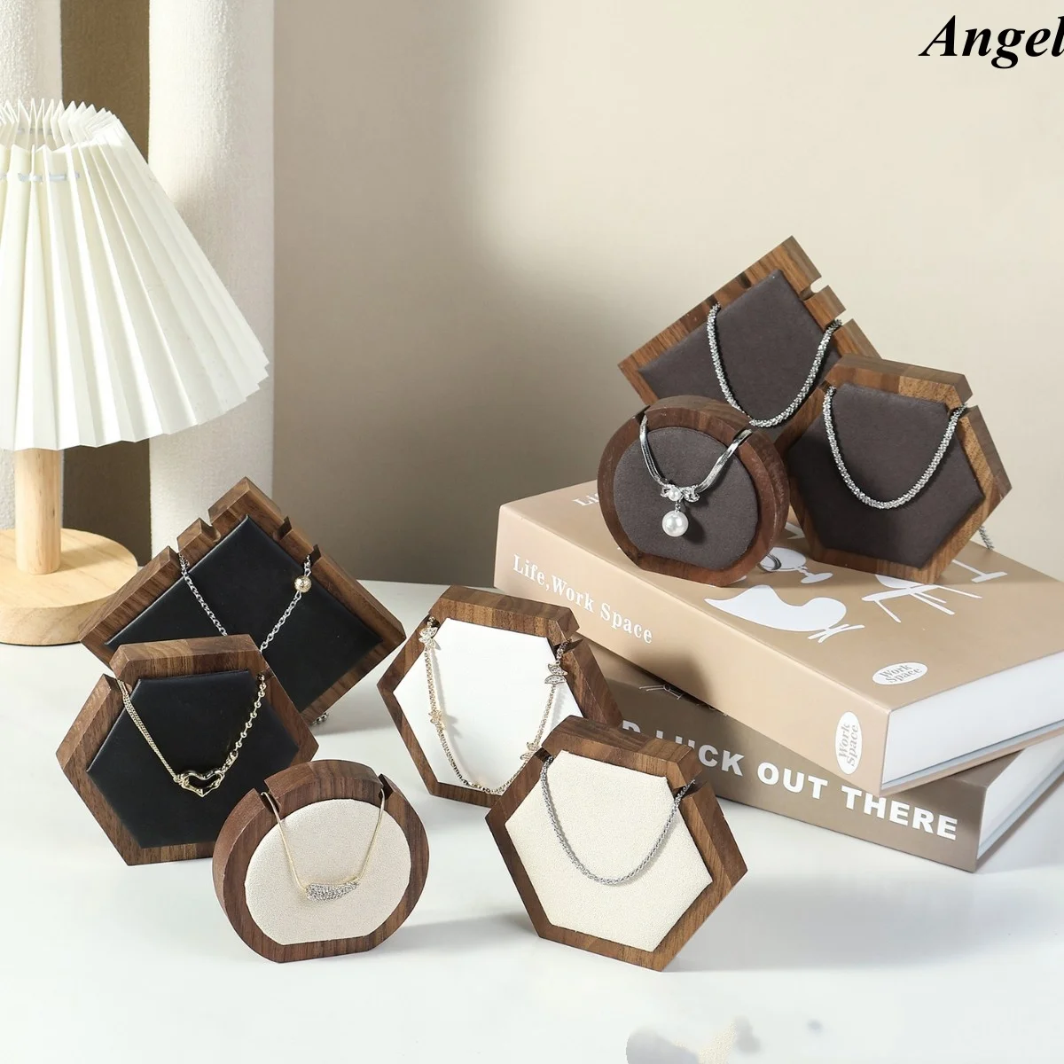 

Walnut Wood Jewelry Display Stand, 3-Tier Golden Jade Bracelet Necklace Organizer, Vintage Jewelry Storage for Counter Showcase