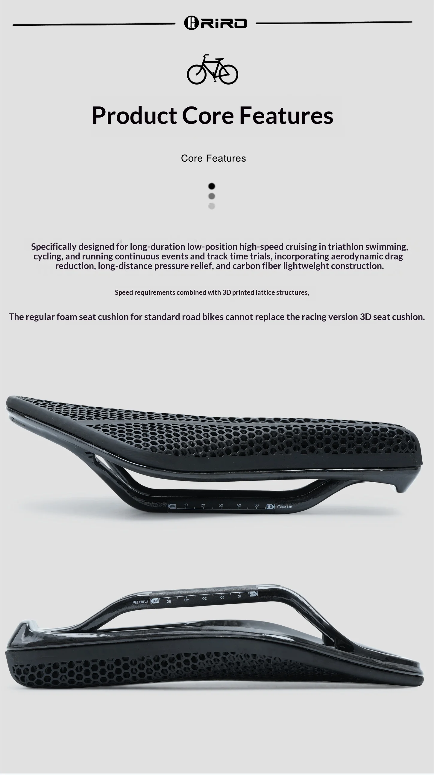 RIRO Carbonfaser 3D-gedruckter Fahrradsattel, hohl, TT Triathlon Fahrradsitz, ultraleicht, Carbon-Schienen, ergonomisch, atmungsaktiv, Rennradteile – Detail 5