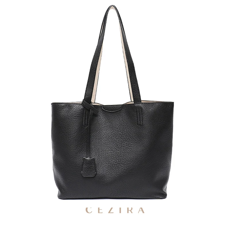 

CEZIRA High Quality PU Leather Women Shoulder Bag Solid Color Large Soft Classic Tote Handbag Female Daily Simple Shopping Purse