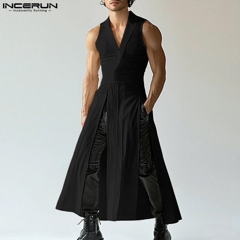 INCERUN Männer Lange Stil Tank Tops Solide Revers Ärmellose Unisex Unregelmäßige Tops Westen Streetwear 2025, Mode Lässig Männer Kleidung