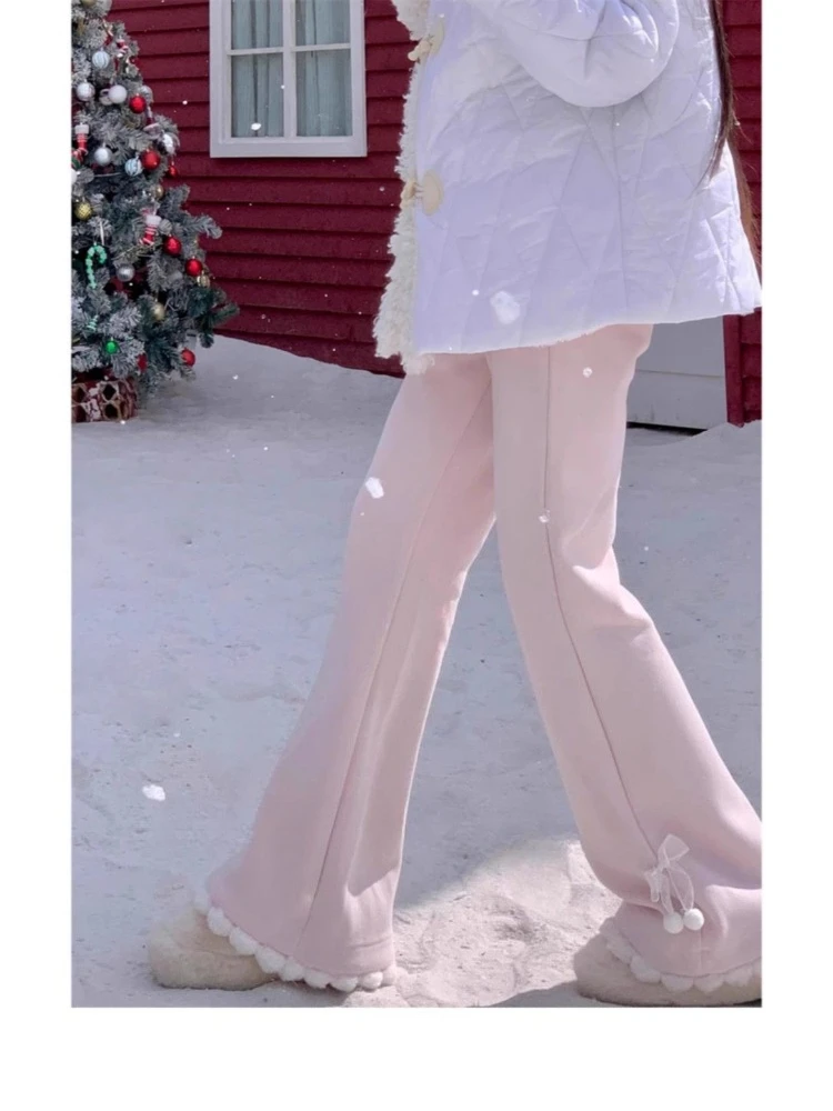 Sweet Autumn Winter Bow Appliques Design Long Pants Harajuku Thick Corduroy Loose All Match Flare Trousers Y2k Fairy Casual Pant