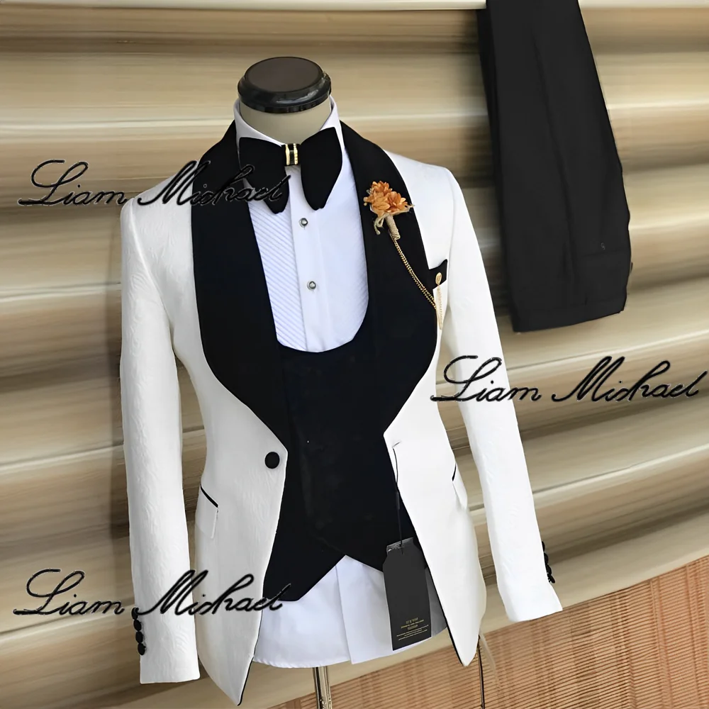 Traje Jacquard de 3 piezas para hombre, vestido Formal de fiesta para novio, esmoquin de Boda (chaqueta, pantalones, chaleco con pajarita), cuello