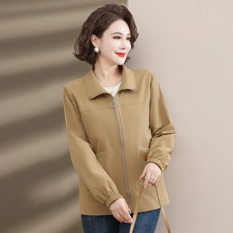 Womens Middle Aged Stand Collar Short Jacket Spring Autumn Solid Color Casual Outerwear