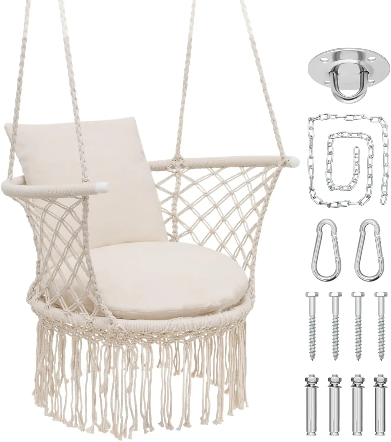 Macrame Hammock Chair with Mounting Hardware Kit, Beige