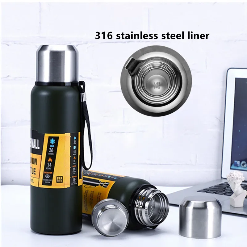 Large Capacity Stainless Steel  Vacuum Flask Outdoor Thermos Sport Portable Car Water Bottle Rope Tea Filter 600/800/1000/1500ML