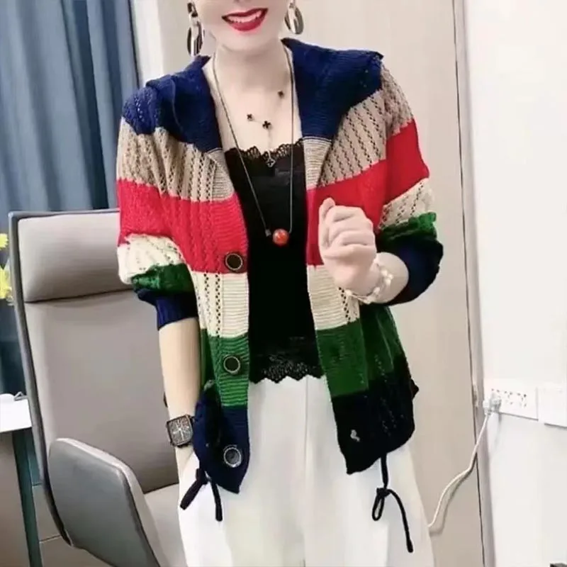 Women Clothing Fashion All-match Patchwork Knit Cardigan Autumn Winter New Casual Loose Hollow Out Button Sweaters Lady Y2k Tops