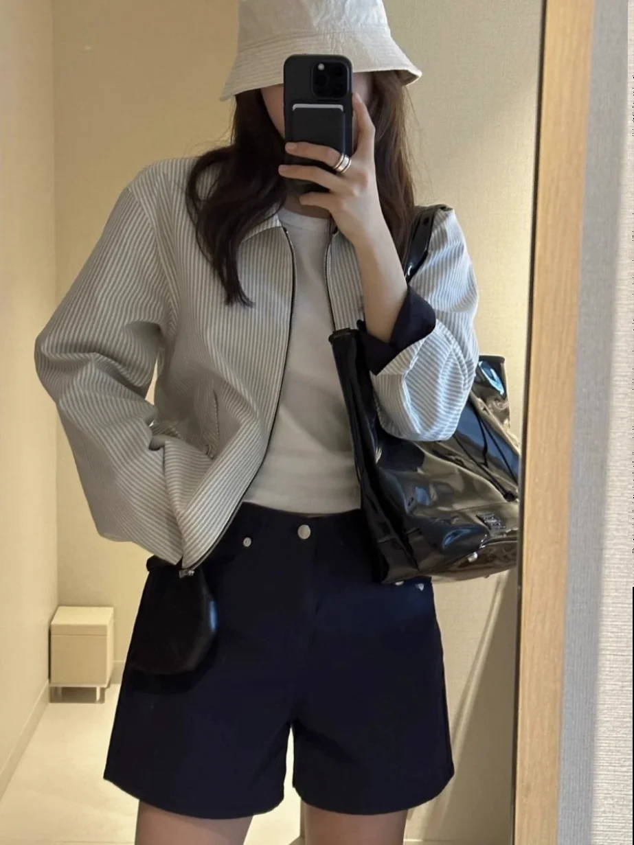 

Casual Hong Kong Sle Women's Striped Zipper Jaet Spring Faion Flip Collar Two-Way Wear Design Sense New Outerwear