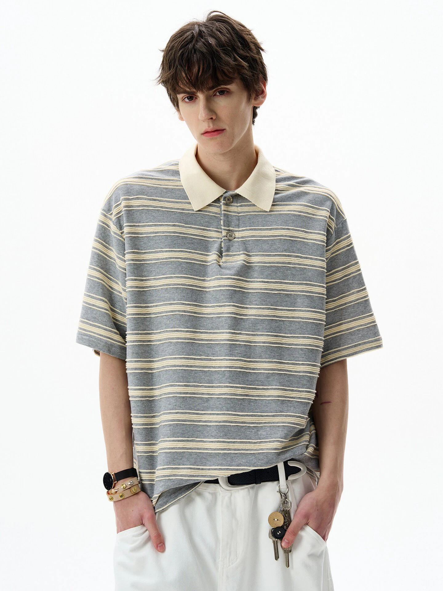 American Retro Striped  Shirt Short Sleeve Men's Casual Loose Commute T-Shirt Upper Body INS Spring Summer Cotton Polyester
