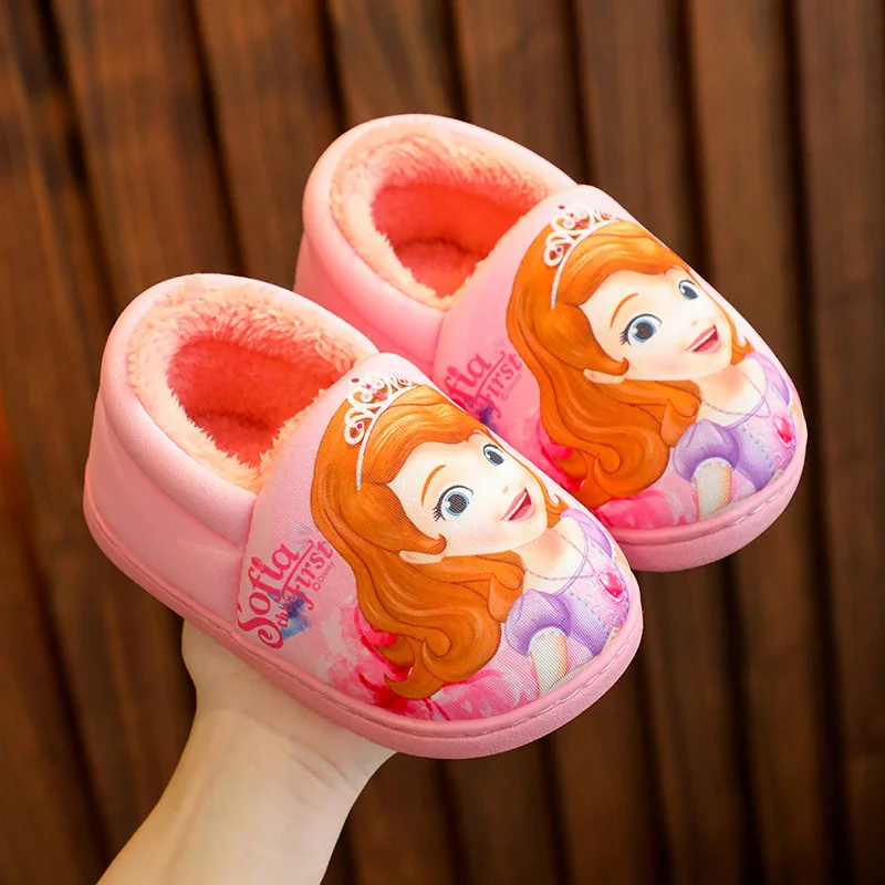 Disney Children\'s Cotton Slippers Frozen Anti Slip Warm Cartoon Priness Winter Home Floor Girls\' Parent-child Baby Slippers Size